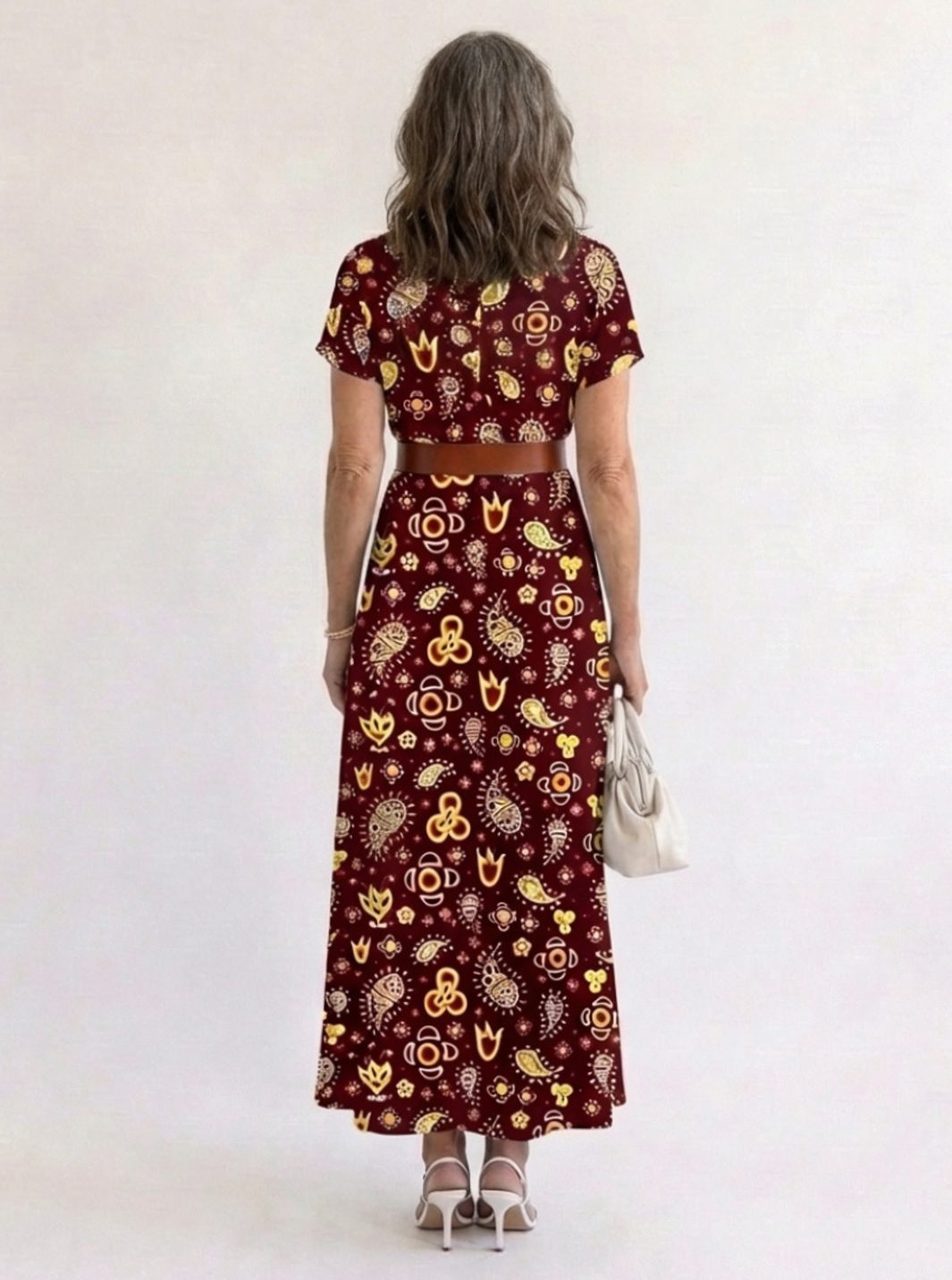 Vestido midi floral de mujer, corte fluido, escote V y manga corta. Perfecto para eventos o diario.