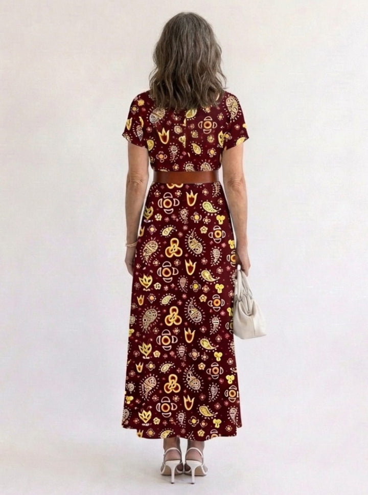 Vestido midi floral de mujer, corte fluido, escote V y manga corta. Perfecto para eventos o diario.