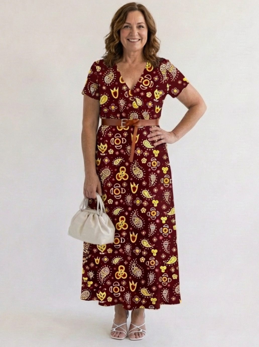 Vestido floral midi rojo con escote V y manga corta, una prenda clave para el armario de mujer.