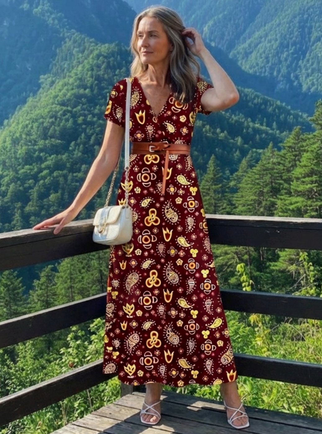Vestido de verano midi floral burdeos para mujer, escote V, manga corta. Ideal para cualquier ocasión.