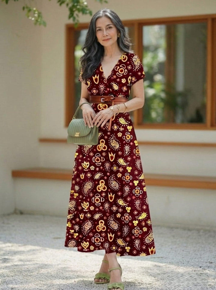 Vestido midi floral de mujer con escote V y manga corta. Un básico imprescindible para el buen tiempo.
