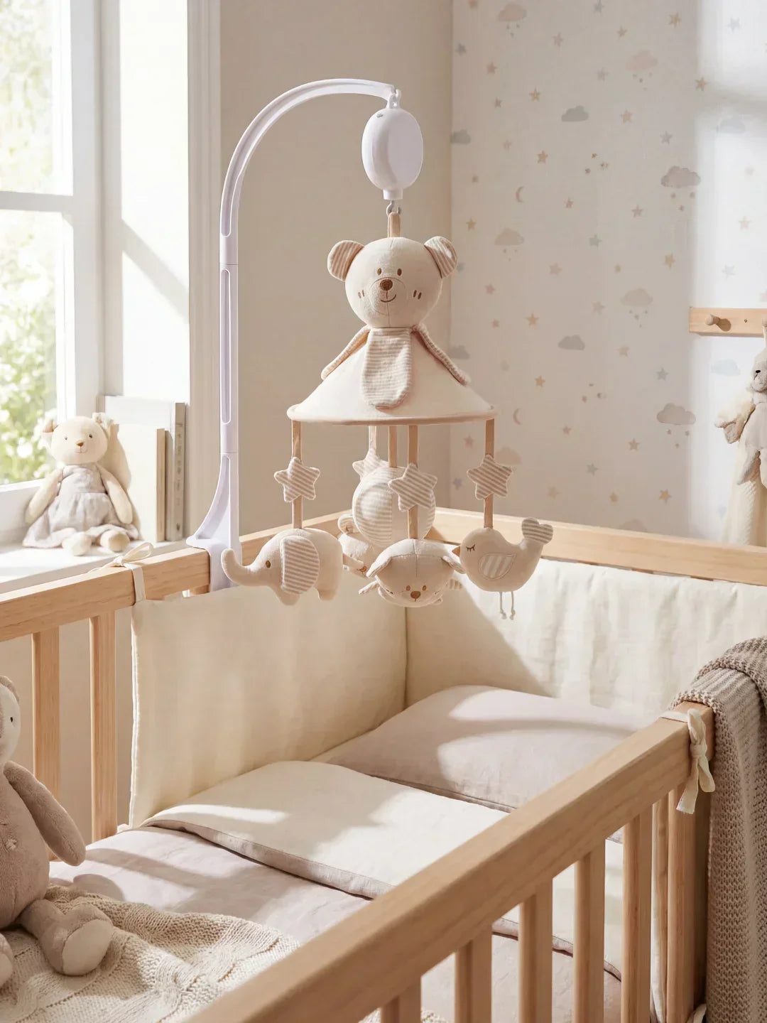 Juguete sensorial de madera natural: móvil musical colgante para cuna de bebé, suave melodía.