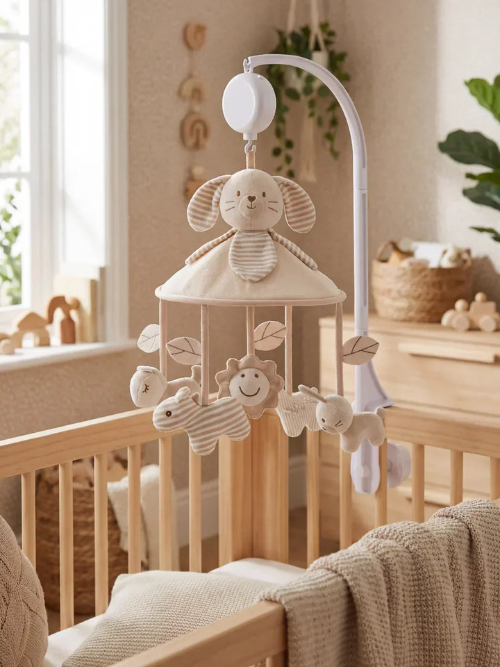 Móvil infantil de madera con música, ideal para cuna de bebé, estimula sentidos y decora.