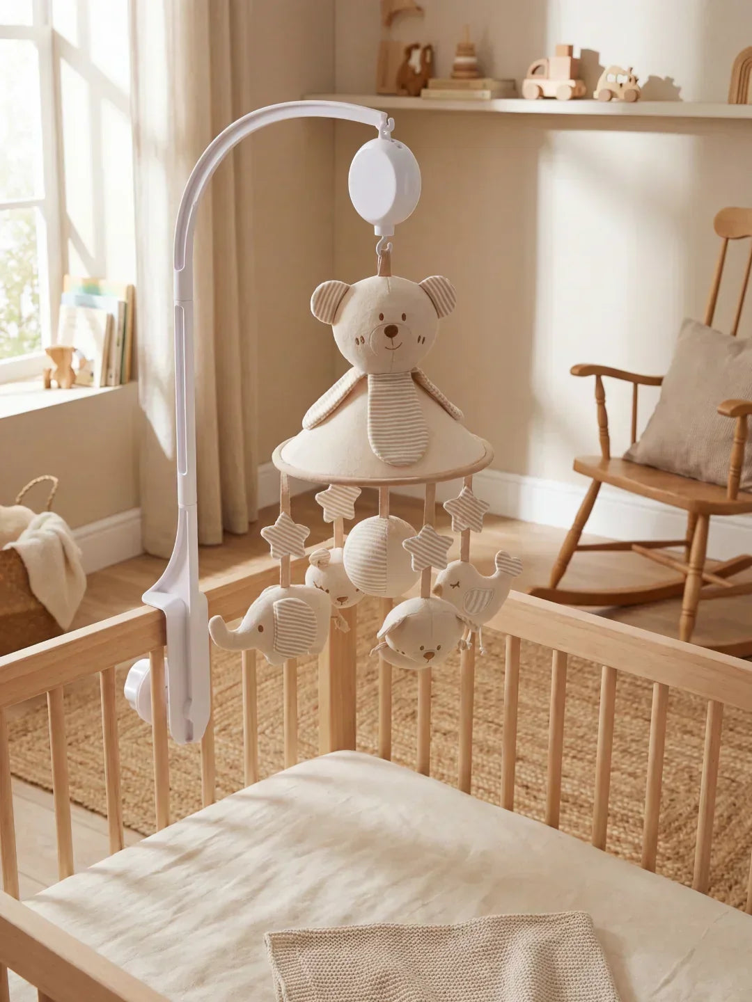Regalo perfecto para recién nacido: móvil de cuna de madera con música, estimulación visual.