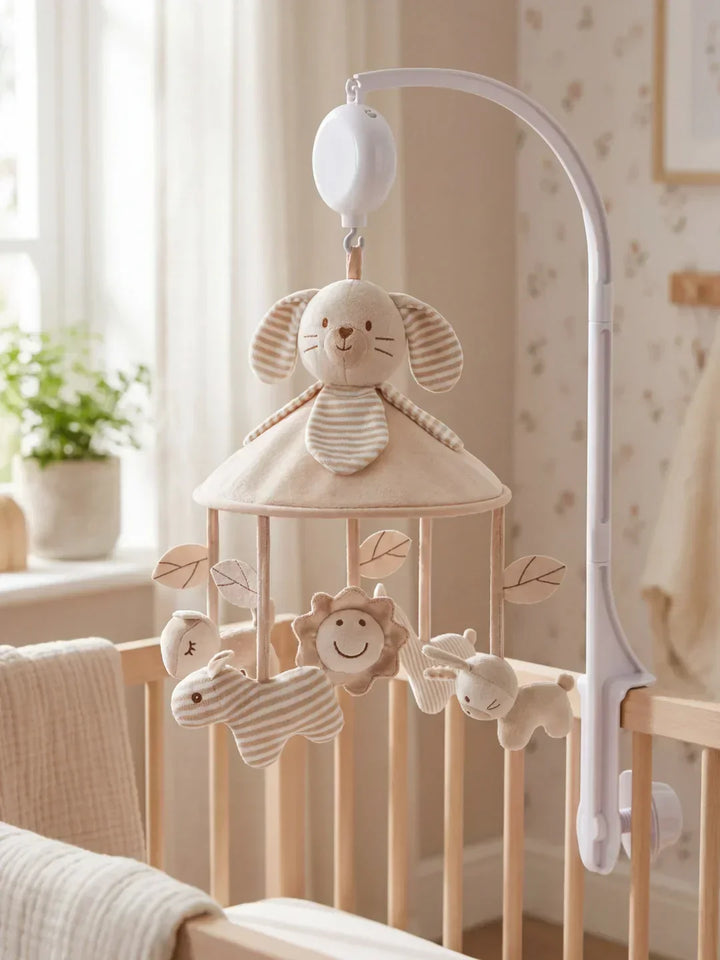 Vista completa del móvil musical de madera para bebé, colgado en una cuna, decoración natural.