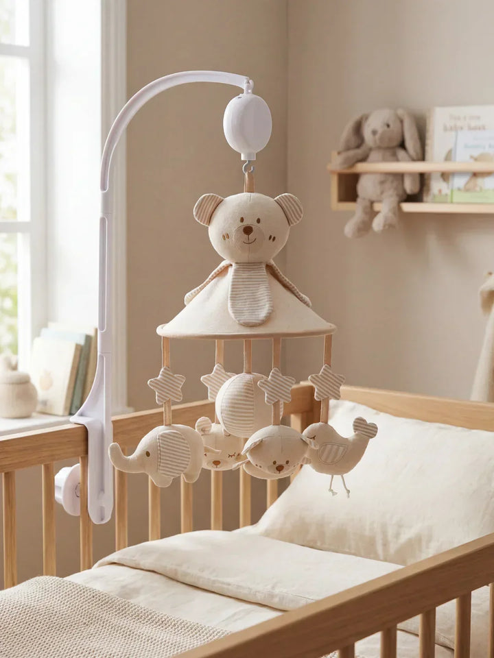 Móvil musical de cuna para bebé en madera natural, con figuras colgantes y brazo soporte.