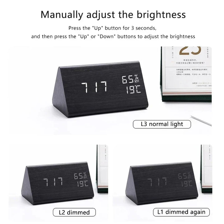 Moderno despertador digital con imitación de madera, control por voz, temperatura, ideal para tu dormitorio inteligente.