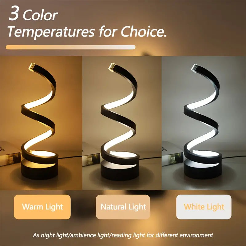 Lámpara de mesa LED espiral con diseño vanguardista. Luz regulable y control táctil para una oficina moderna.