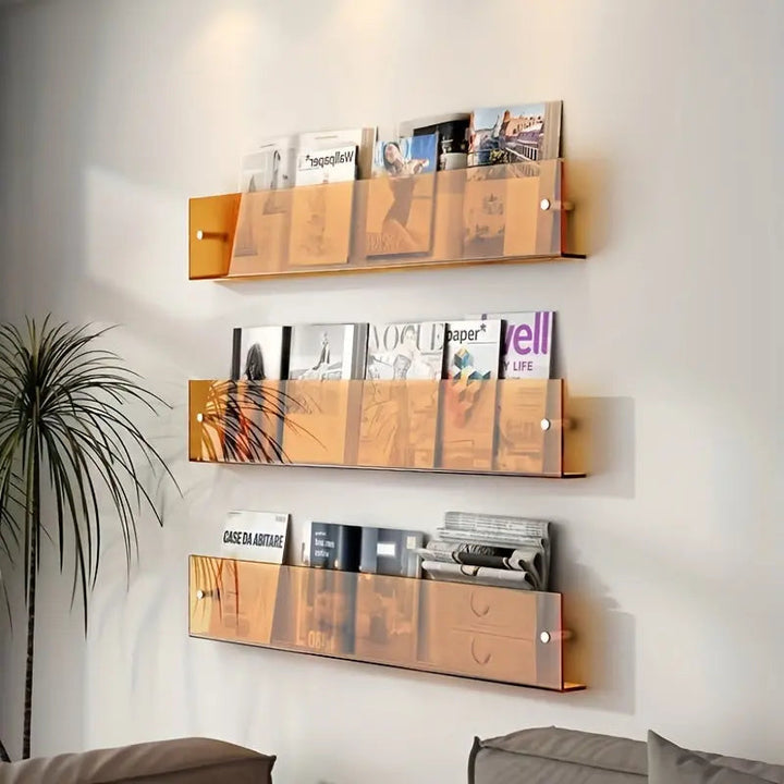 Estante marco moderno naranja y transparente para libros y decoración de pared, ideal para el hogar.