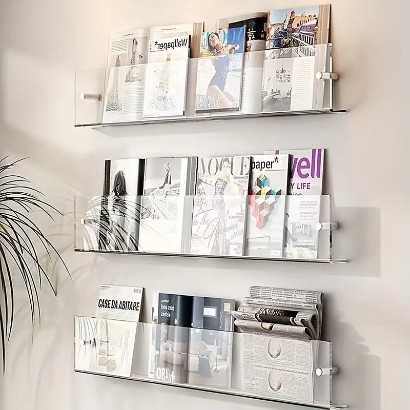 Diseño de estante flotante con marco naranja transparente, perfecto para decoración y almacenamiento de libros.