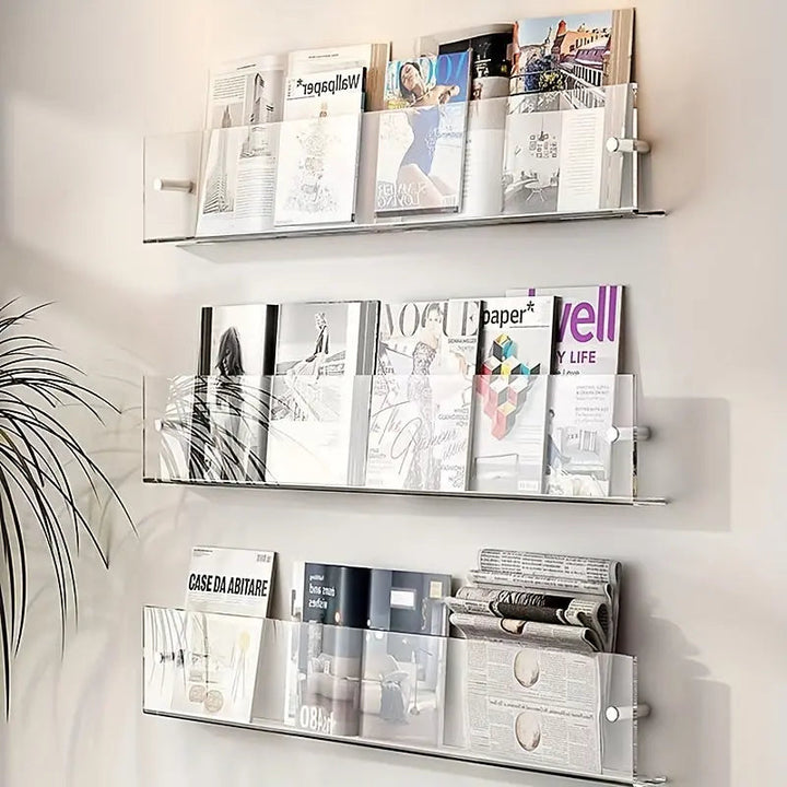 Diseño de estante flotante con marco naranja transparente, perfecto para decoración y almacenamiento de libros.