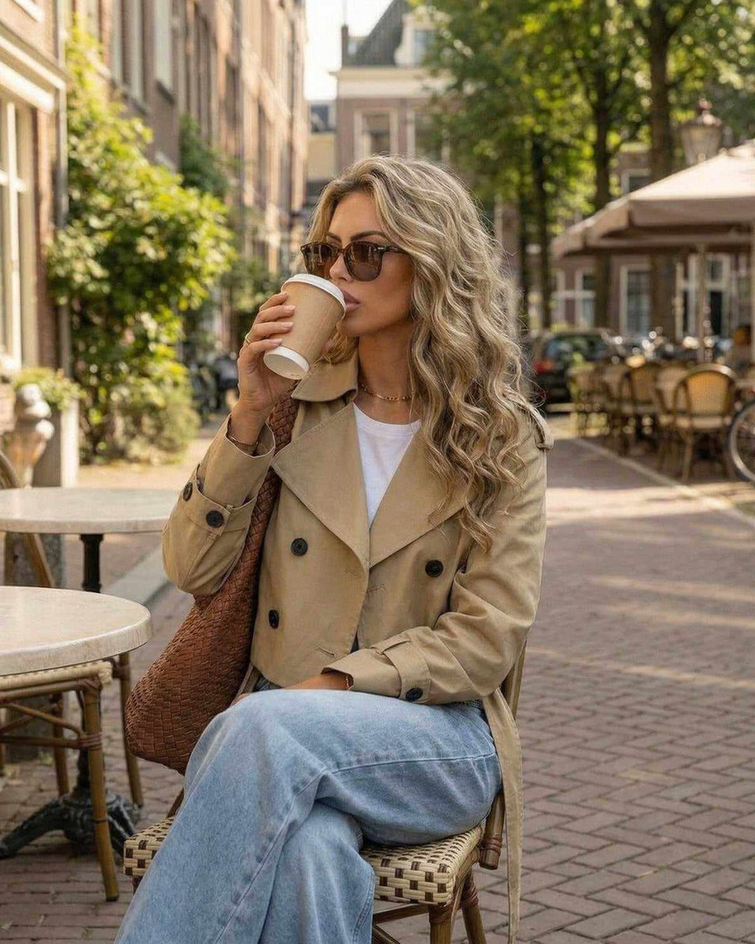 Ropa exterior trendy: chaqueta trench corta de mujer, doble botonadura. Estilo Mónaco para primavera.