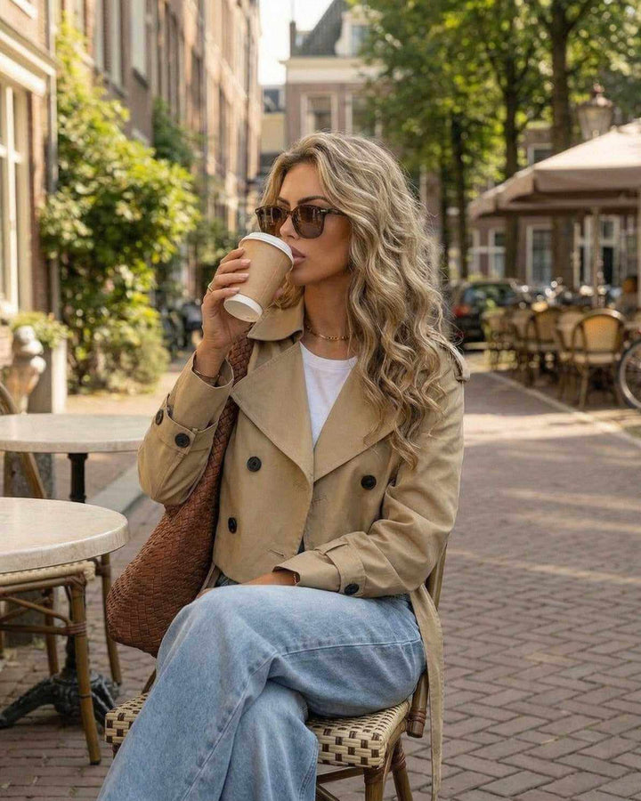 Ropa exterior trendy: chaqueta trench corta de mujer, doble botonadura. Estilo Mónaco para primavera.