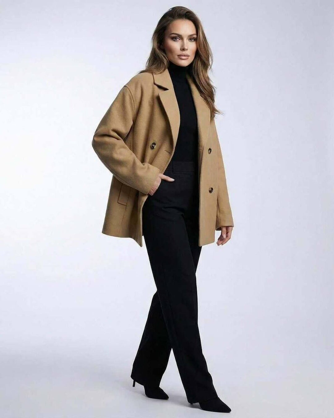 Chaqueta oversized de mujer, color camello, doble botonadura, estilo Mónaco, moda femenina de otoño.