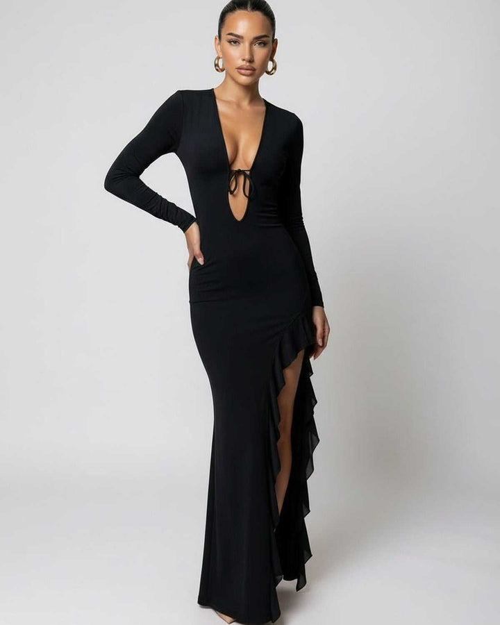 Vestido maxi mujer sofisticado, con escote V, volantes y abertura. Ideal para moda femenina de noche.