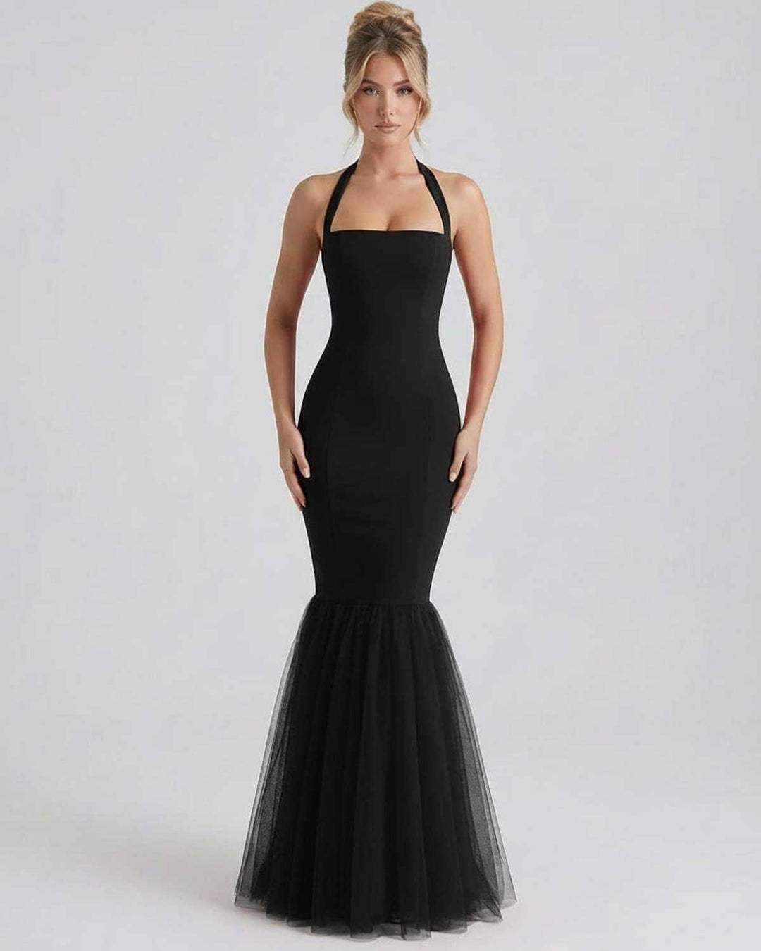 Vestido maxi negro elegante para mujer, perfecto para noche y fiestas formales.