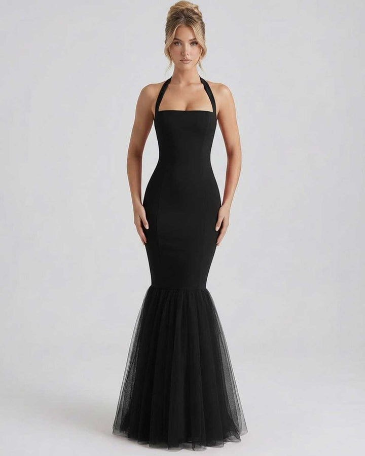 Vestido maxi negro elegante para mujer, perfecto para noche y fiestas formales.