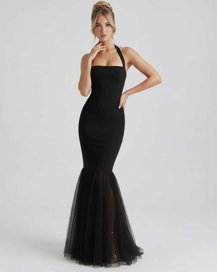 Vestido maxi negro de tul para mujer, elegante y con caída de sirena, ideal para ocasiones formales.