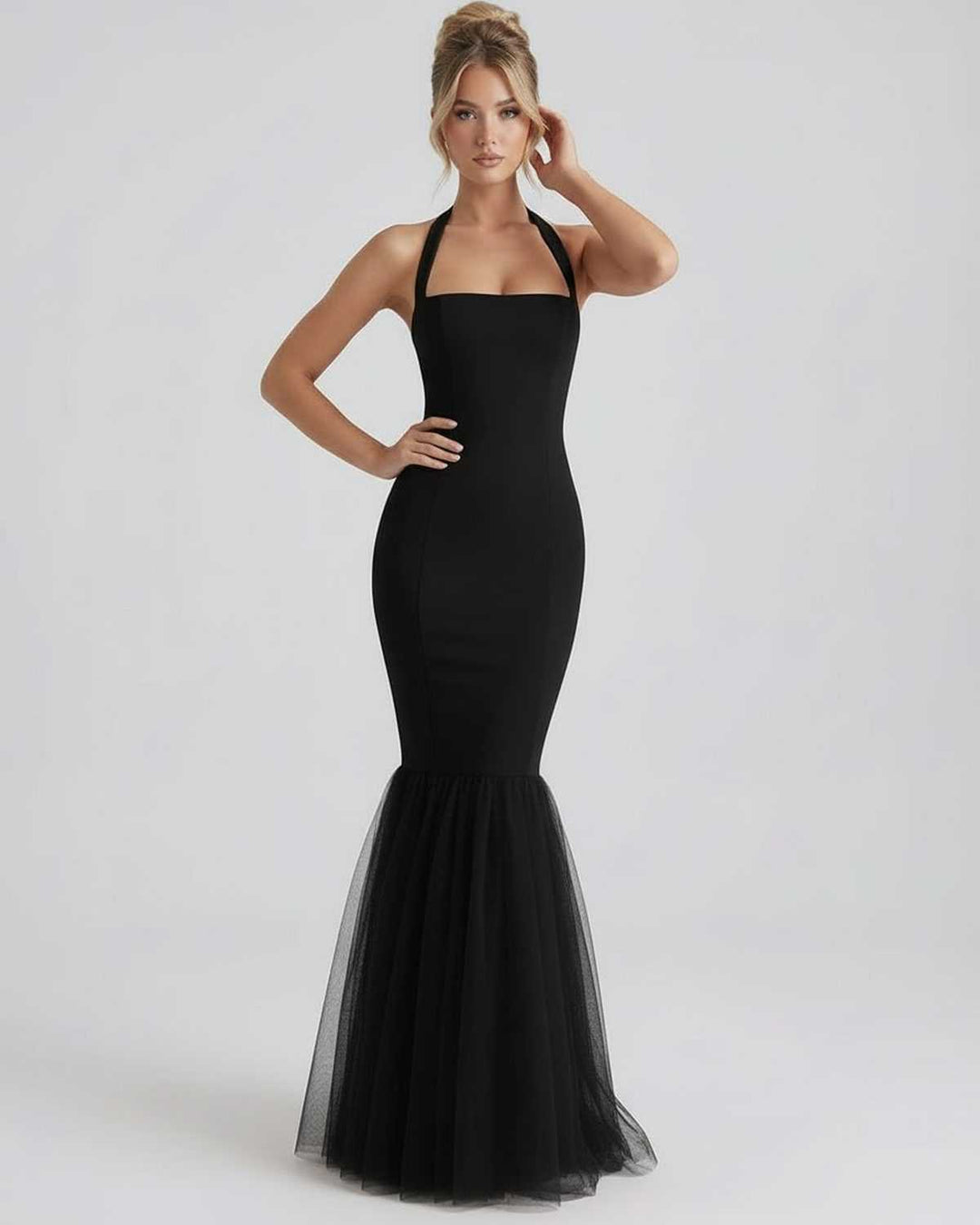 Elegante vestido maxi negro de noche para mujer, con halter, espalda abierta, tul y silueta sirena.