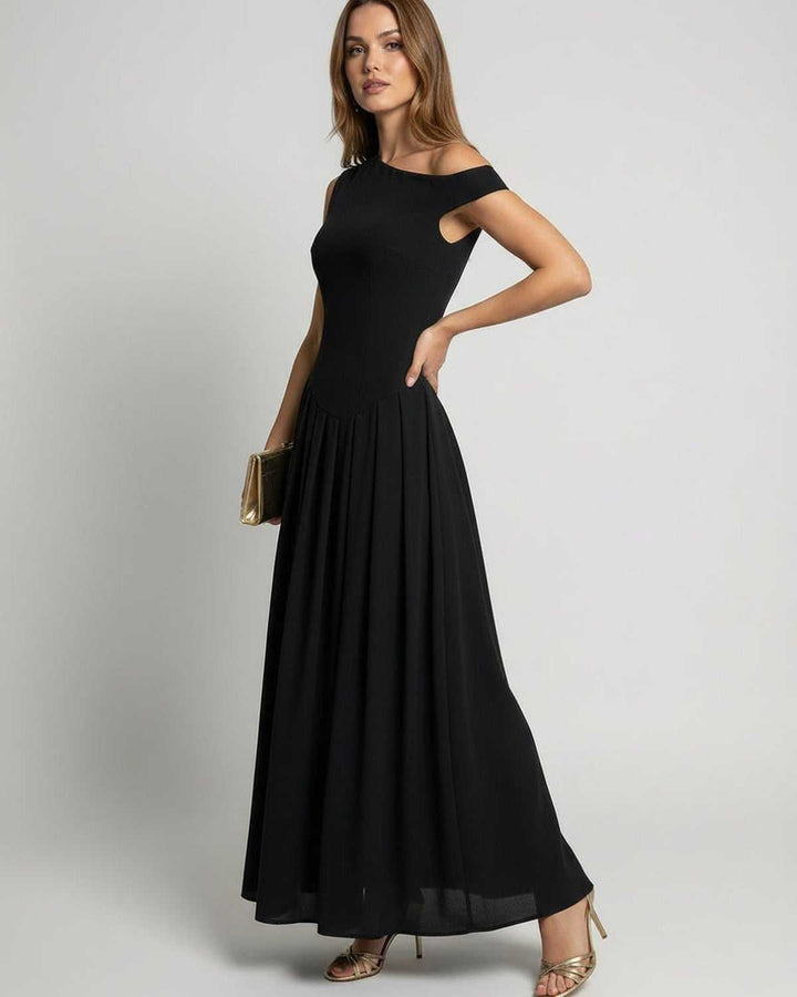 Vestido de gala negro con un solo hombro, estilo maxi elegante, ideal para fiestas y cenas formales de mujer.