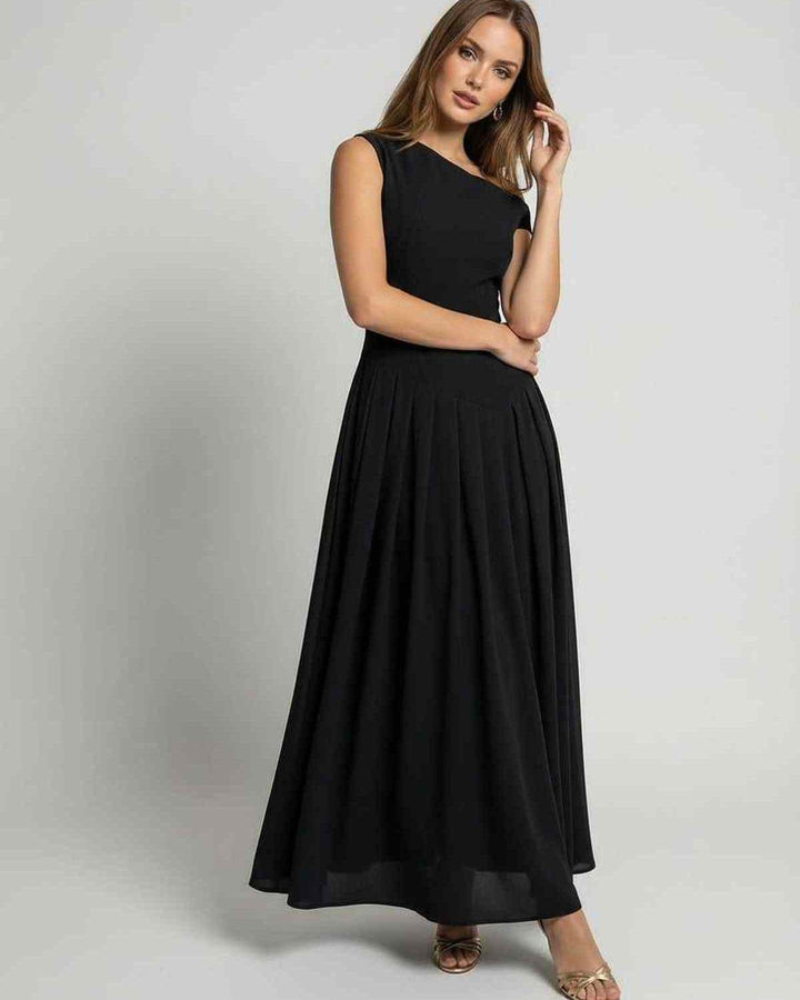 Vestido maxi negro de un hombro para mujer, estilo elegante y formal, perfecto para noche y fiesta.