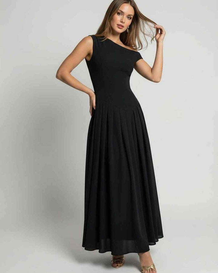 Vestido de noche maxi negro para mujer, con un hombro, estilo elegante y fluido, ideal para eventos formales.