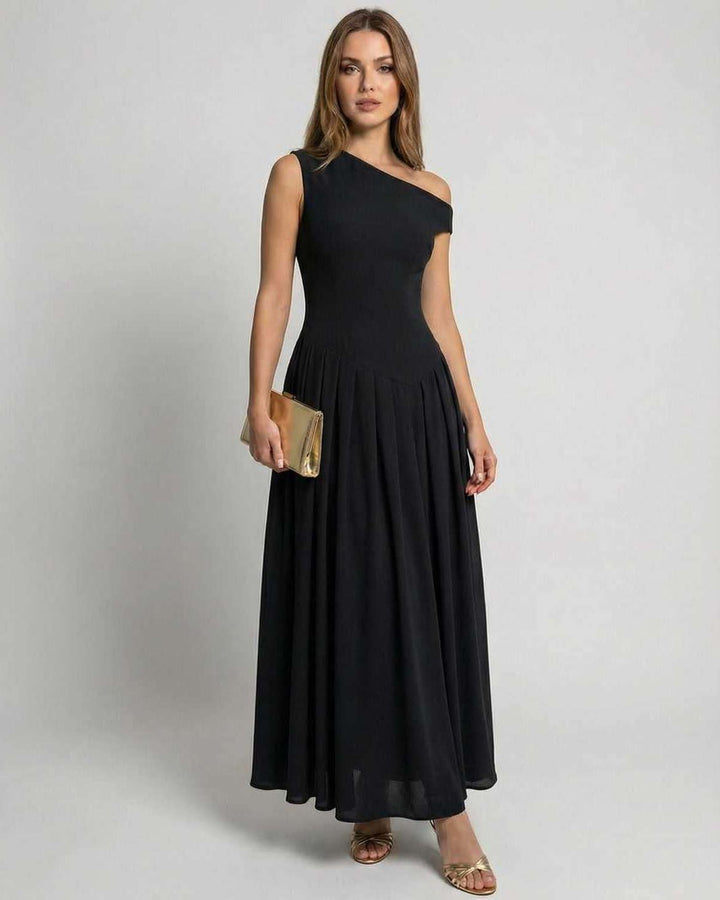 Vestido maxi negro elegante para mujer, diseño de un hombro, ideal para fiesta o gala.