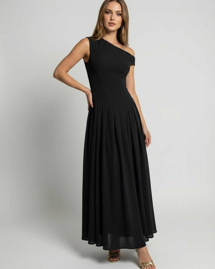 Elegante vestido maxi negro fluido de un hombro para mujer, perfecto para eventos formales y fiestas de noche.