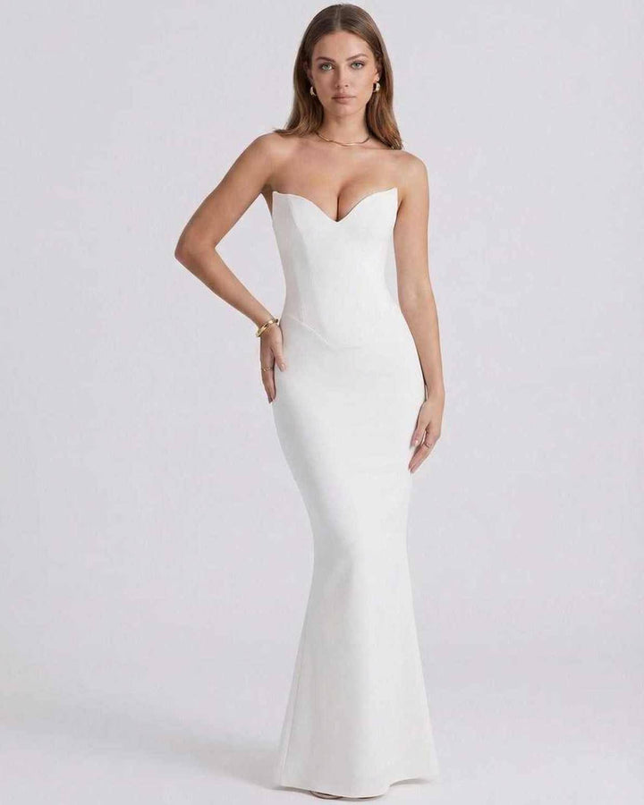 Vestido maxi blanco sin tirantes para mujer, elegante y largo para eventos especiales.