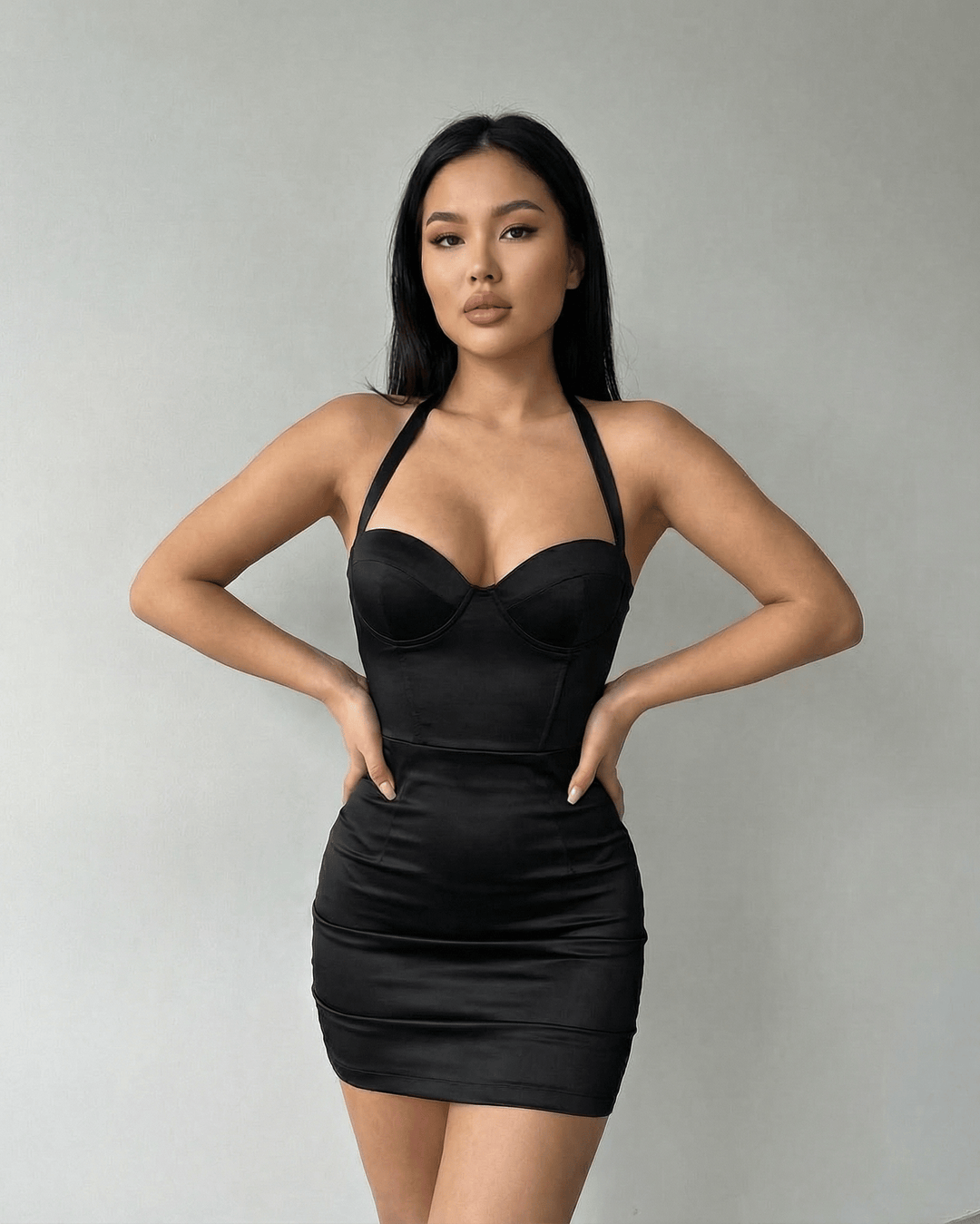 Vestido de fiesta mini negro con cuello halter, elegancia para noches especiales y cócteles.