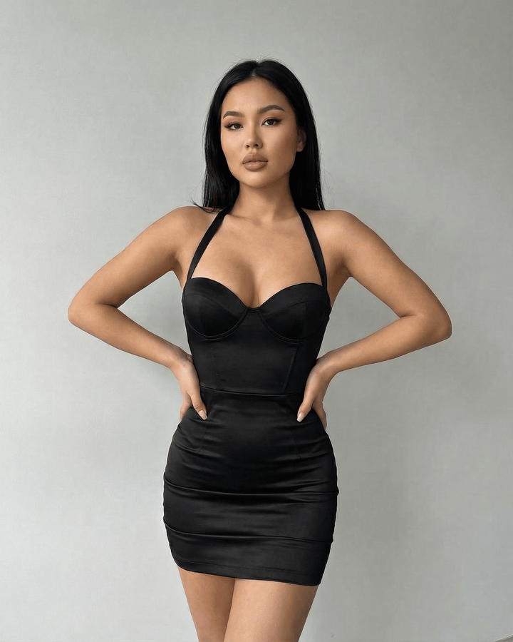 Vestido de fiesta mini negro con cuello halter, elegancia para noches especiales y cócteles.