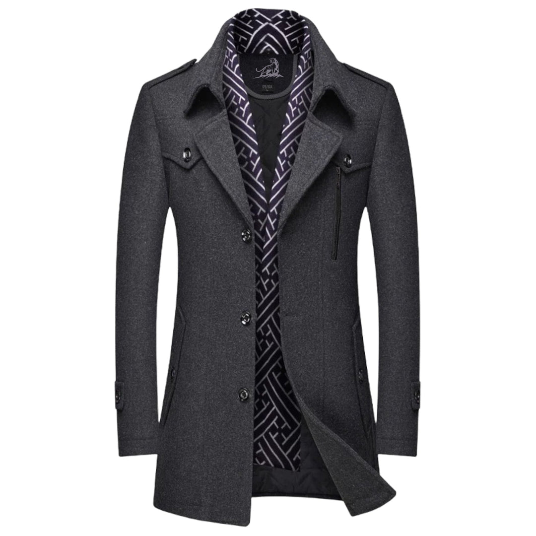 Detalle de los bolsillos y el cierre de botones en un abrigo clásico de hombre. Ropa de invierno casual y cómoda.
