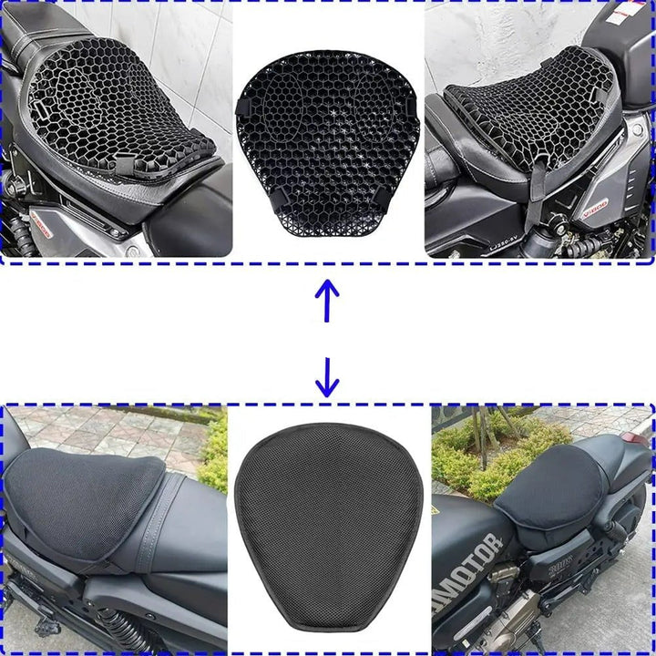 Cojín de asiento HoneyRide 3D para moto, mejora el confort y reduce la fatiga en viajes largos.