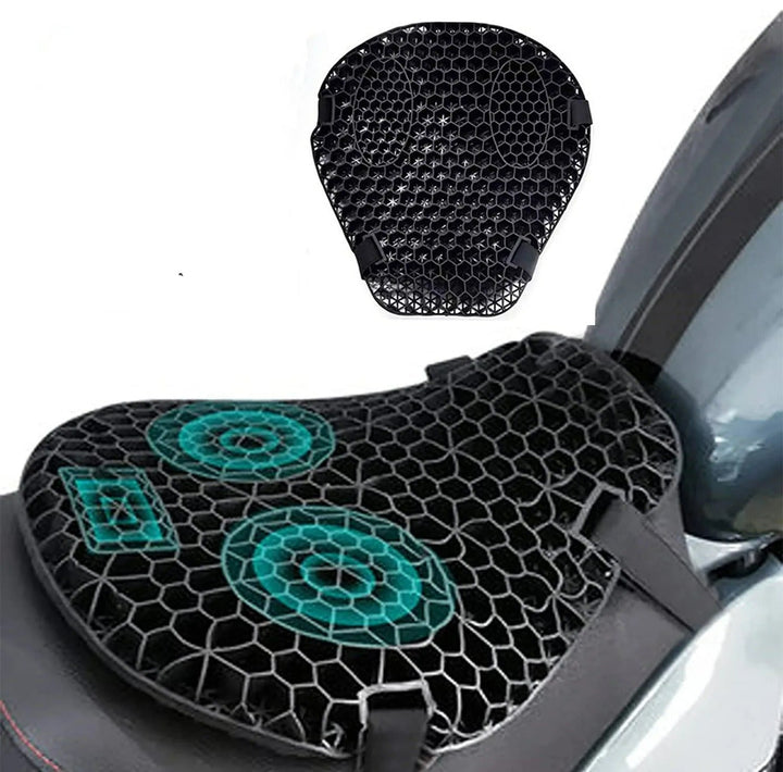 Cojín 3D HoneyRide para asiento de motocicleta, confort superior y alivio de presión.