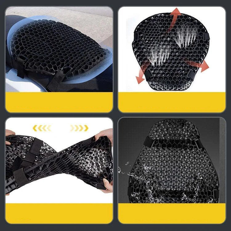 Cojín HoneyRide para asiento de motocicleta, diseño 3D para alivio de presión y vibraciones.