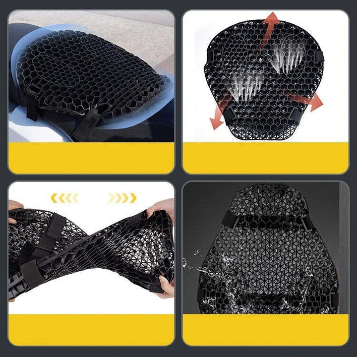 Cojín HoneyRide para asiento de motocicleta, diseño 3D para alivio de presión y vibraciones.