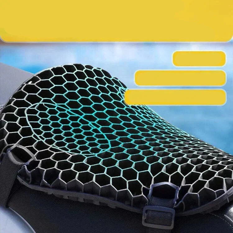 Cojín HoneyRide para asiento de moto con absorción de vibraciones y diseño transpirable.