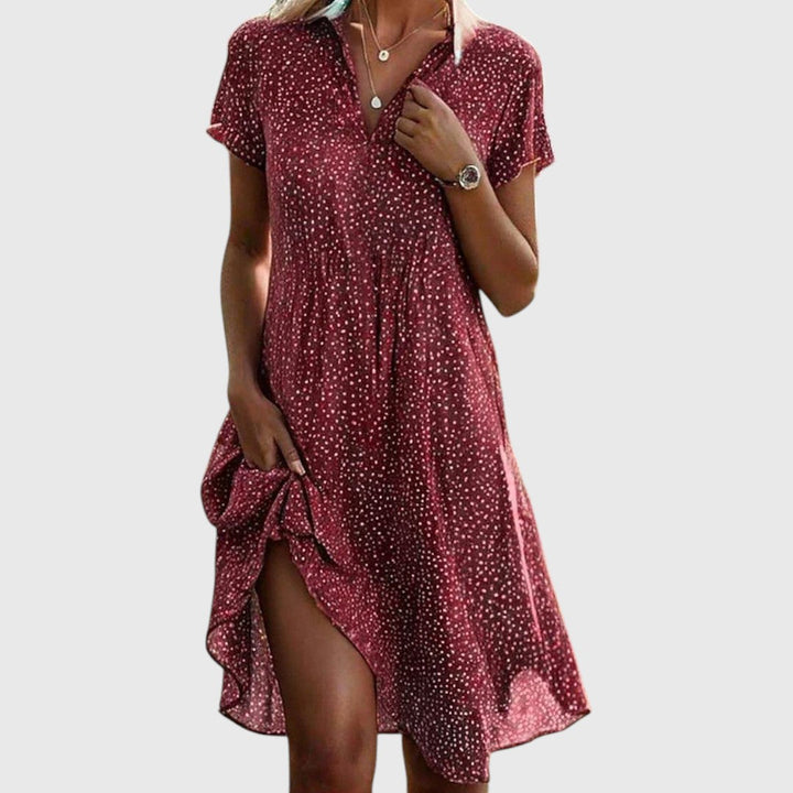 Vestido midi de mujer, cuello V. Casual y fresco para verano o primavera. Diseño fluido y cómodo, ideal para la playa.
