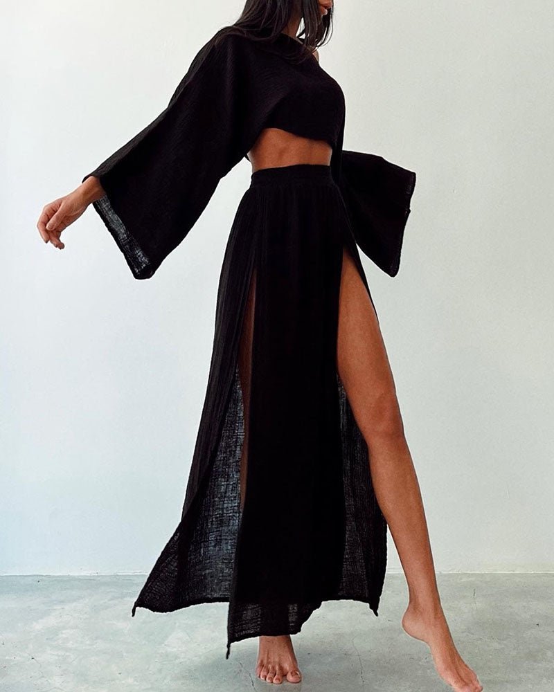 Atuendo de vacaciones, conjunto dos piezas, top corto y falda larga para mujer.