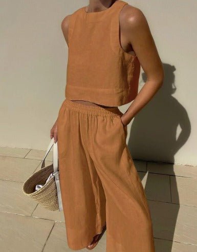 Conjunto de verano de tendencia: top corto y pantalón de talle alto. Comodidad y estilo para mujer.