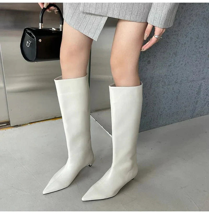Botas altas elegantes de mujer con punta fina, ideales para fiesta o look sofisticado de oficina en invierno.