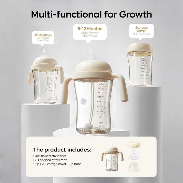 Vaso infantil beige antiderrame con inclinación 13°, perfecto para la alimentación autónoma del bebé.