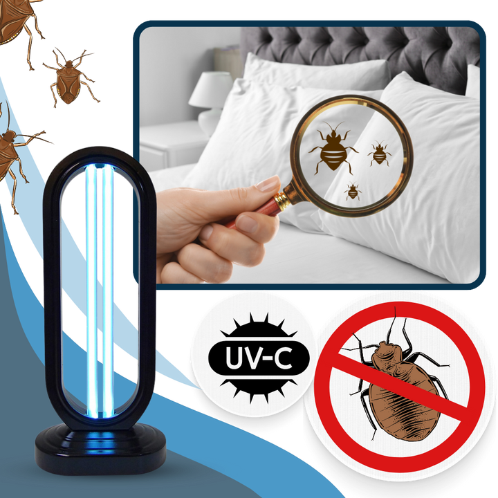 Luz UV-C esterilizadora para hogar. Control efectivo de gérmenes y eliminación de chinches en múltiples superficies.