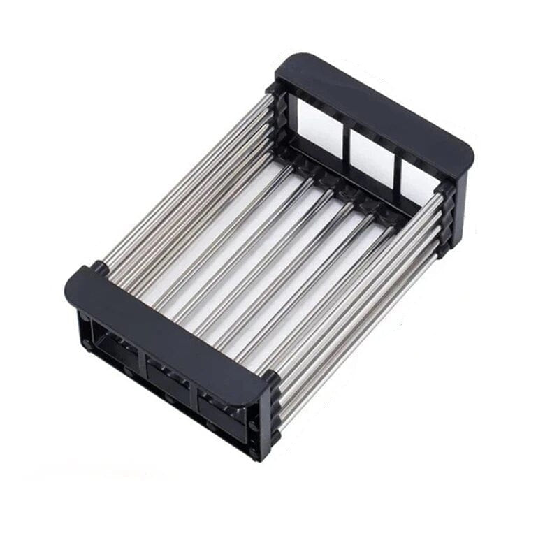 Moderno escurridor de platos de acero inoxidable, telescópico y ajustable, optimiza espacio en cocina.