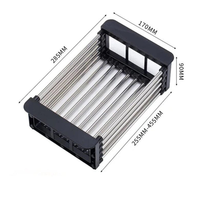 Rack escurridor de platos ajustable de acero inoxidable, diseño telescópico para fregadero de cocina.