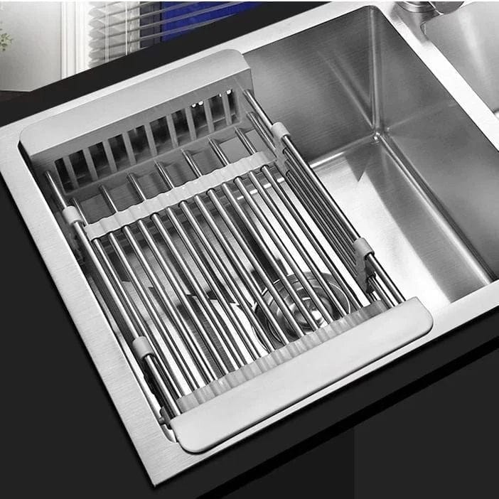Escurridor de platos telescópico de acero inoxidable, ajustable sobre fregadero para cocina.