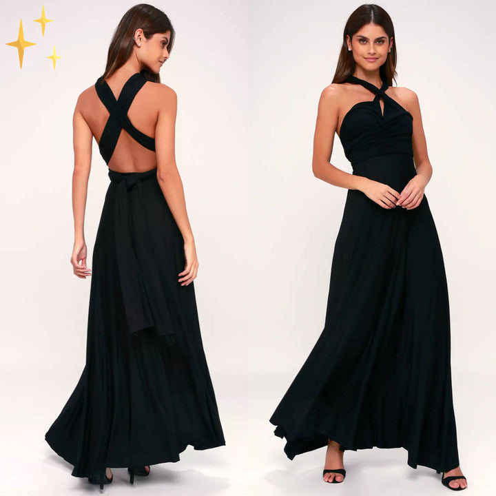 Elegante vestido largo para fiesta, espalda abierta con tirantes cruzados, estilo maxi.