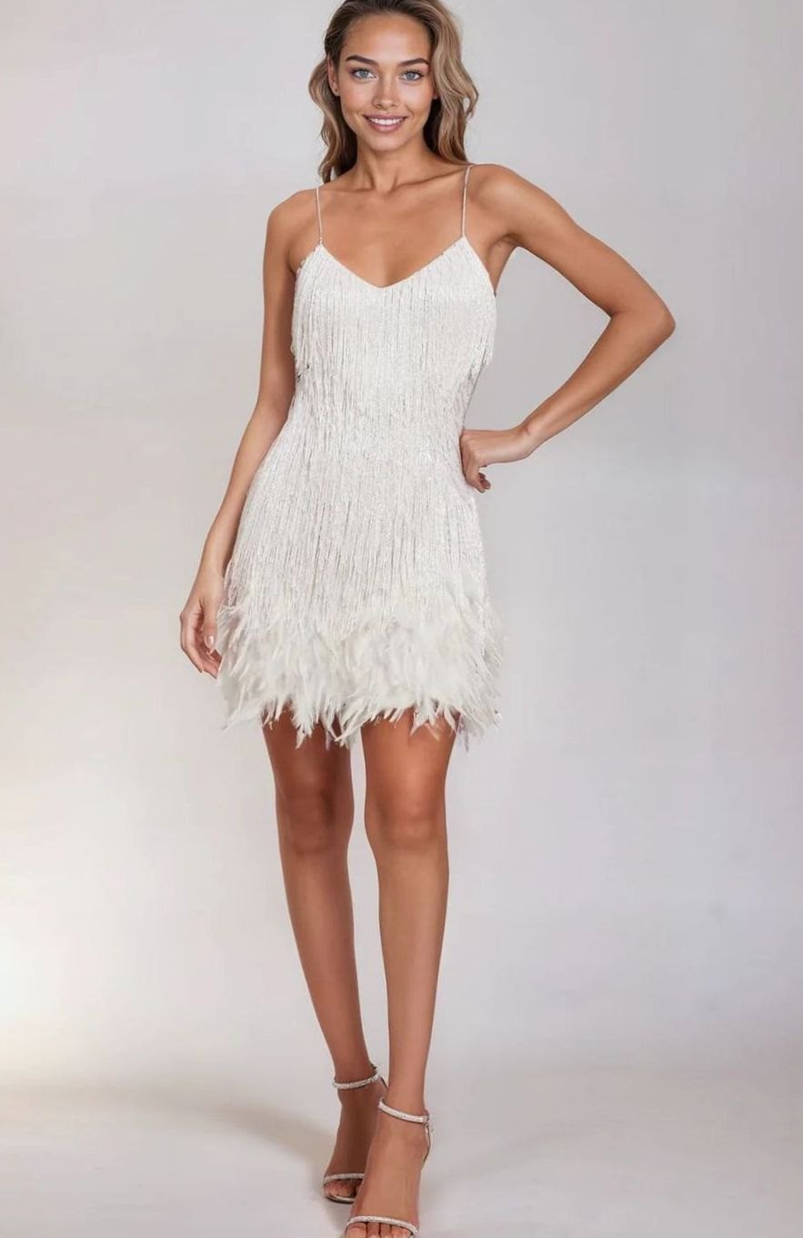 Detalles de pedrería y flecos en mini vestido elegante de mujer. Ideal para cóctel.