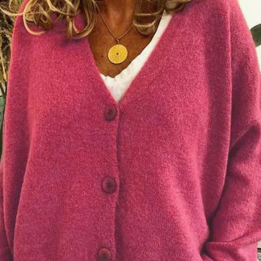 Cárdigan de punto con botones para mujer, corte holgado, cuello V. Estilo versátil y relajado.