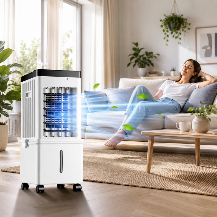 Enfriador de aire portátil recargable 12L. Potente climatización para hogar, oficina o camping.